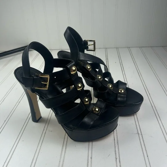 Michael Kors Gideon T-Strap Platform Heels Black Leather Studded Women Size 7.5M - Picture 2 of 8
